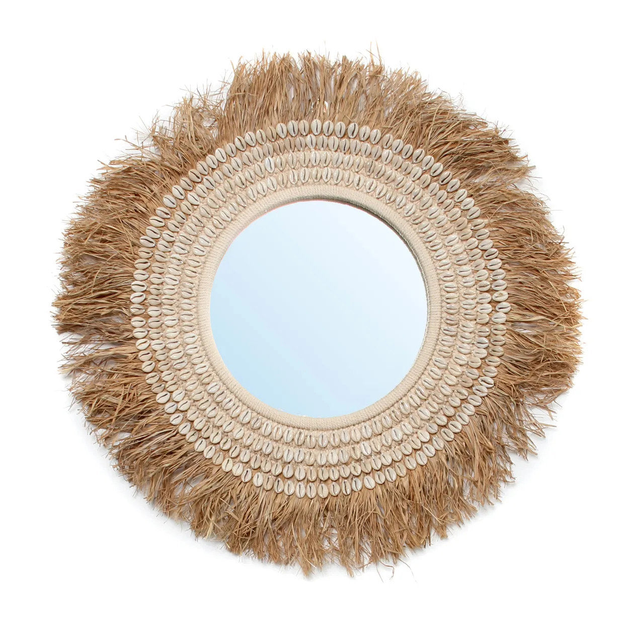Raffia Cowrie Spiegel Naturel Wit 75 cm ø
